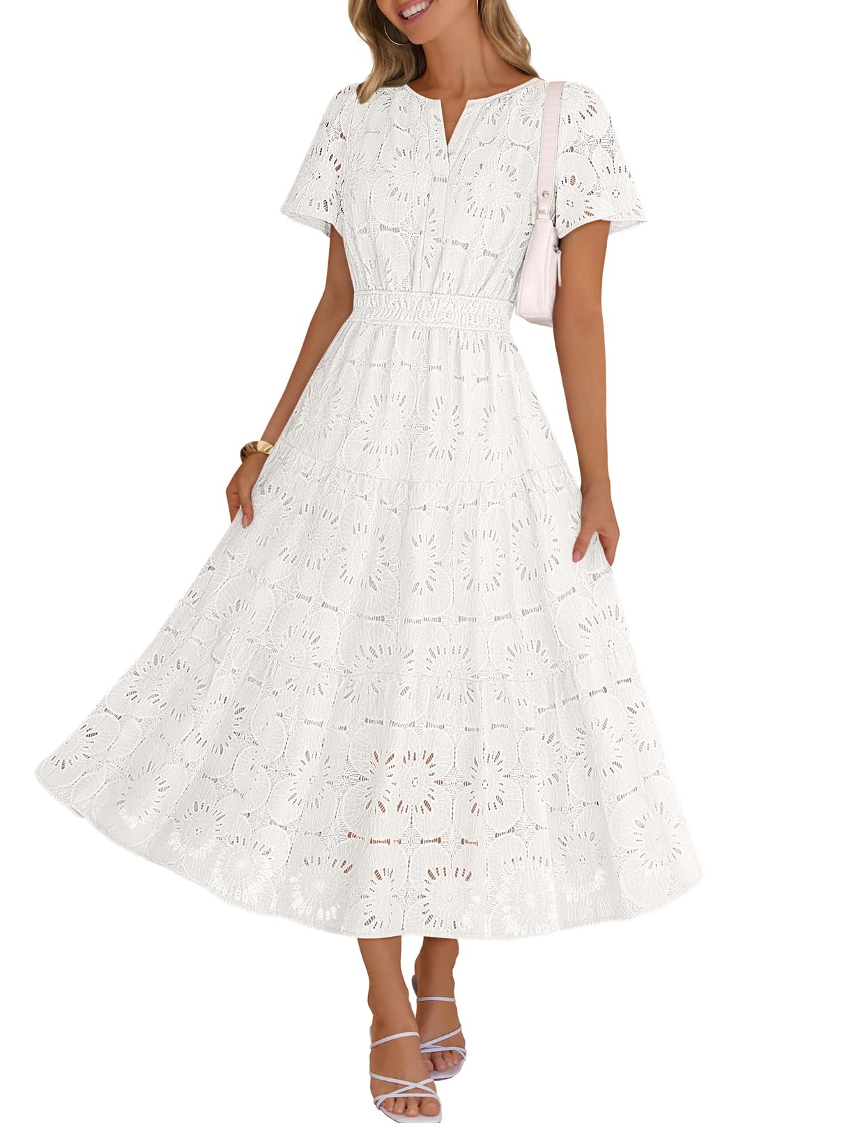 MEROKEETY Women's Summer Floral Maxi Dress 2026 Spring Boho Vacation Eyelet Lace Short Sleeve A Line Tiered Flowy Dresses, White, Medium