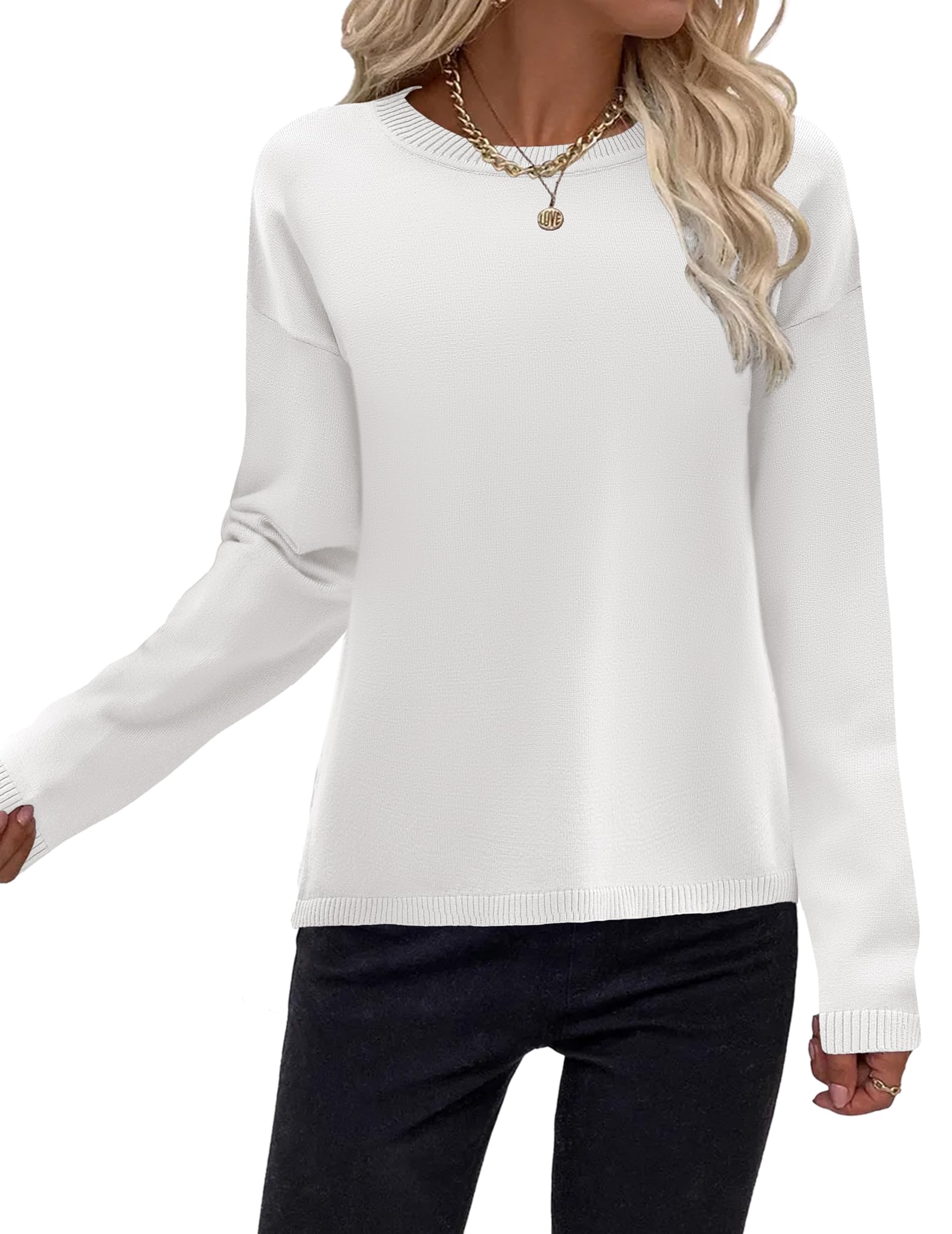 Zeagoo Womens Sweaters Crew Neck Long Sleeve Tops Casual Solid Color Knit Loose Pullover Fall Outfits White S