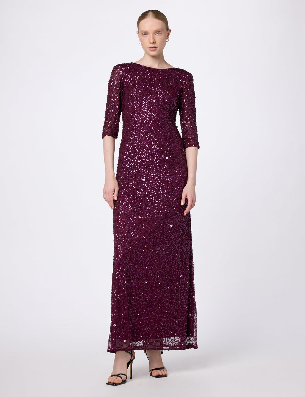Adrianna Papell Women's 3/4 Sleeve Beaded Mermaid Gown, Cabernet, 2