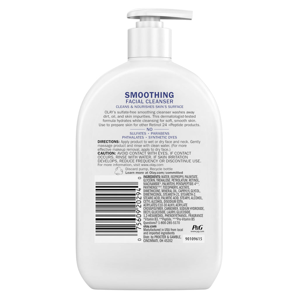Olay Face Wash, Daily Facial Cleanser with Retinol, Peptides & Glycerin - Smoothing, Noursihes Skin Surface, Hydrates while Cleansing - Sulfate-Free, Paraben-Free, 16 Oz