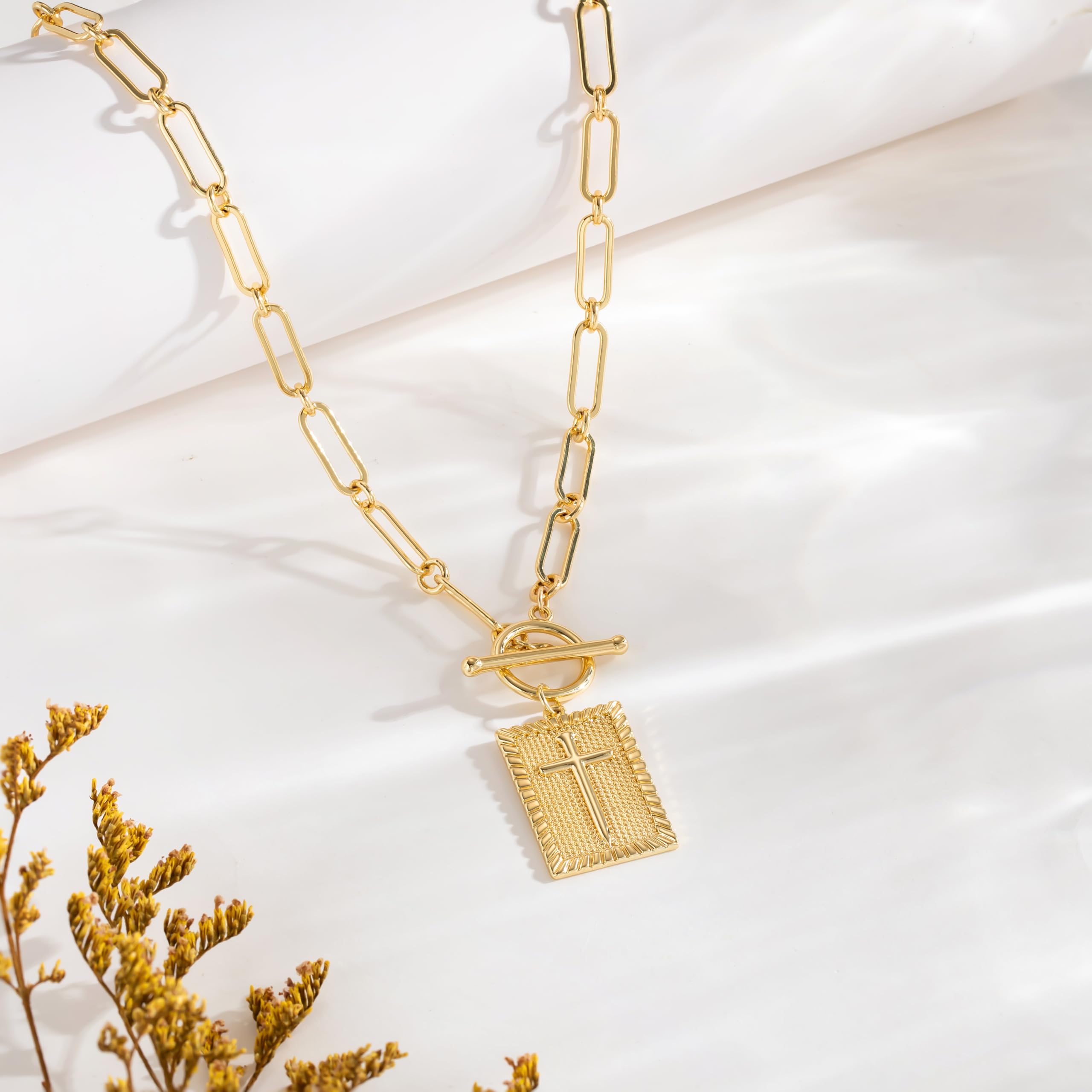 Tewiky 14K Gold Plated Cross Necklace for Women Trendy Chunky Cross Pendant Necklace Toggle Clasp Paperclip Chain Charm Necklaces for Women Jewelry Gift Christian Religious Baptism