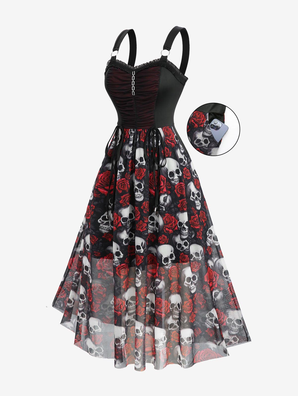 Rosegal Plus Size Gothic Dress for Women Halloween Costume Dress Skull Rose Print Mesh Maxi Tank Goth Swing Dresses Witchy Costume Vampire Dresses with Pockets(Red/1X)