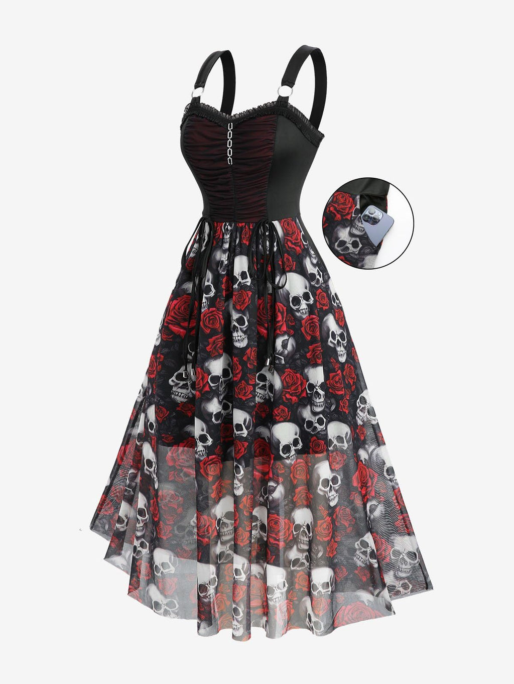 Rosegal Plus Size Gothic Dress for Women Halloween Costume Dress Skull Rose Print Mesh Maxi Tank Goth Swing Dresses Witchy Costume Vampire Dresses with Pockets(Red/L)