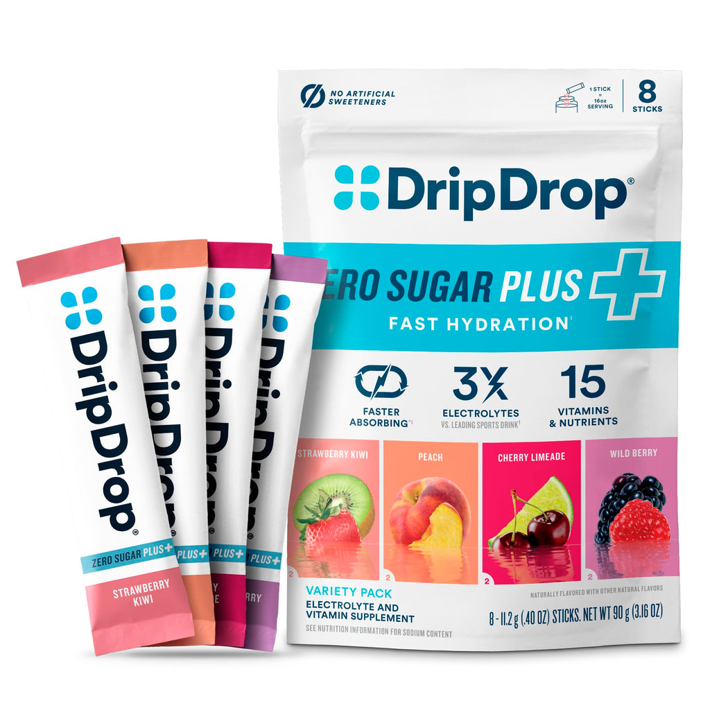 DripDrop Zero Sugar Plus - Sugar Free Hydration Packets - Single Serve Electrolytes Powder Drink Mix - Strawberry Kiwi, Peach, Cherry Limeade, Wild Berry - Non-GMO, Gluten Free, Vegan - 8 Sticks