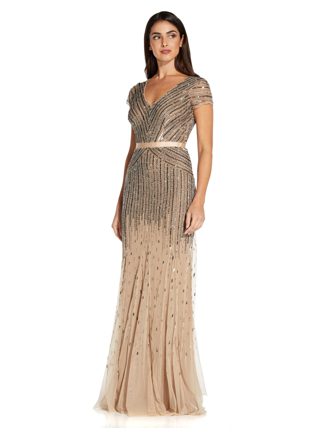 Adrianna Papell Women's Long Beaded V-Neck Dress with Cap Sleeves and Waistband, Nude, 4
