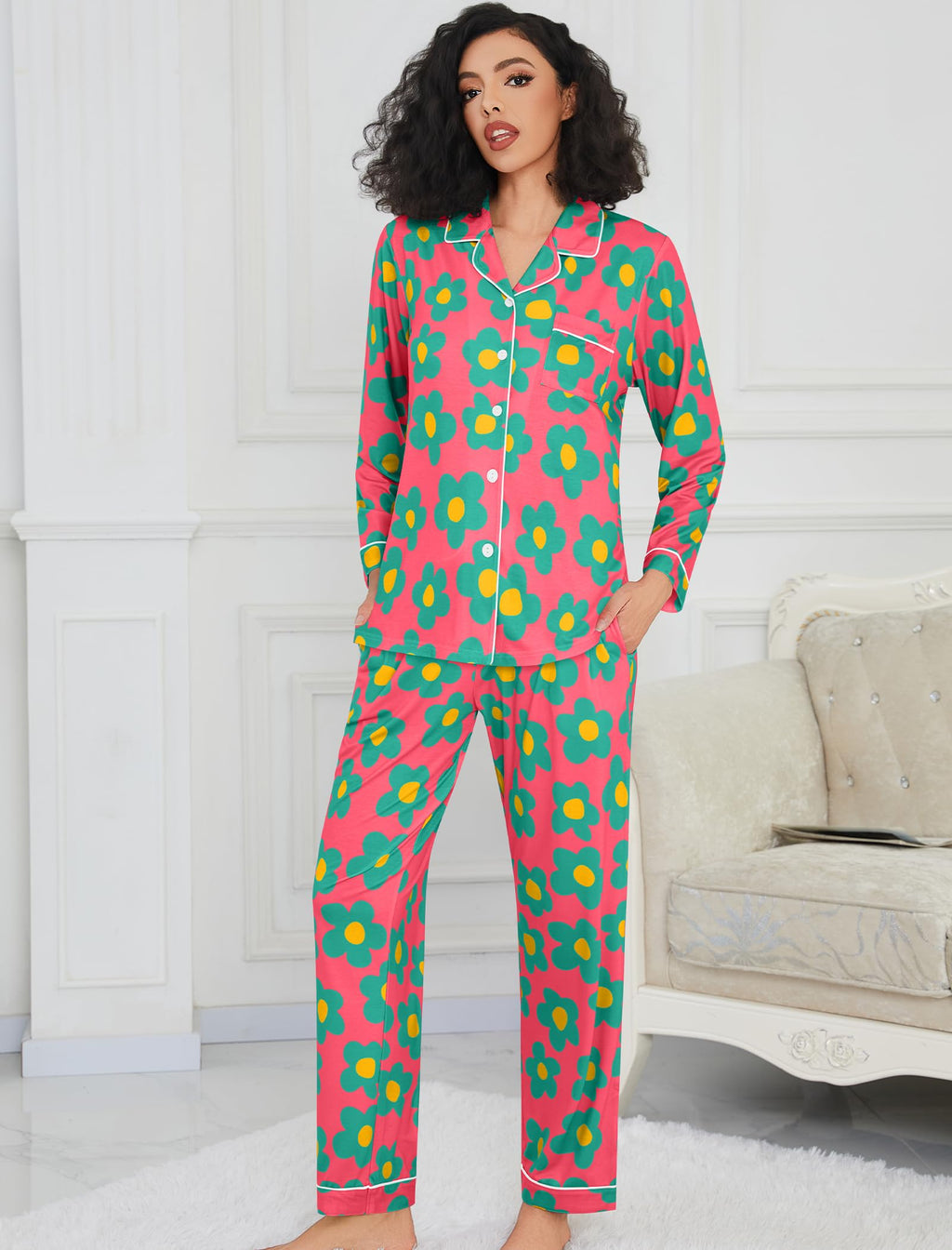 SWOMOG Pajamas Women's Long Sleeve Sleepwear Soft Button Down Loungewear Pjs Set Nightwear S-XXL Rose Blue Flower
