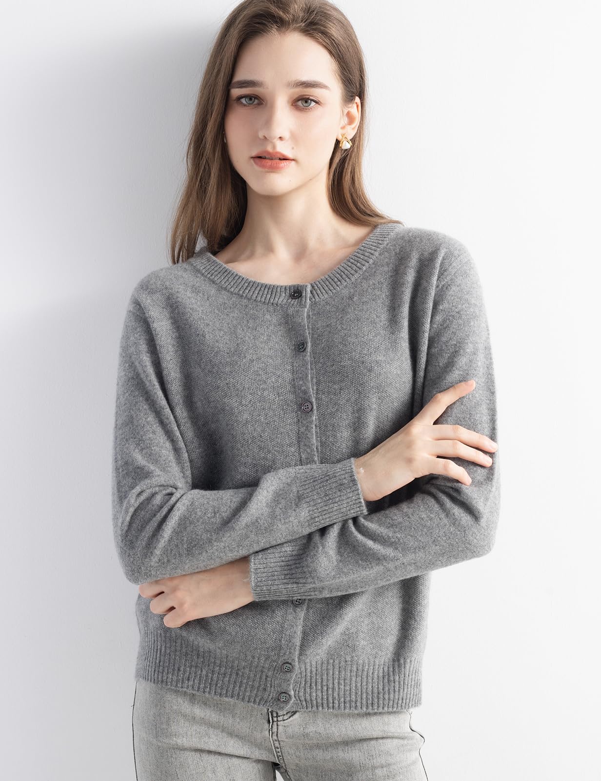 Chanyarn Women's 100% Pure Cashmere Cardigan Crew Neck Long Sleeve 2025 Fall Winter Warm Soft Knit Cardigan Sweater (Grey17177,M)