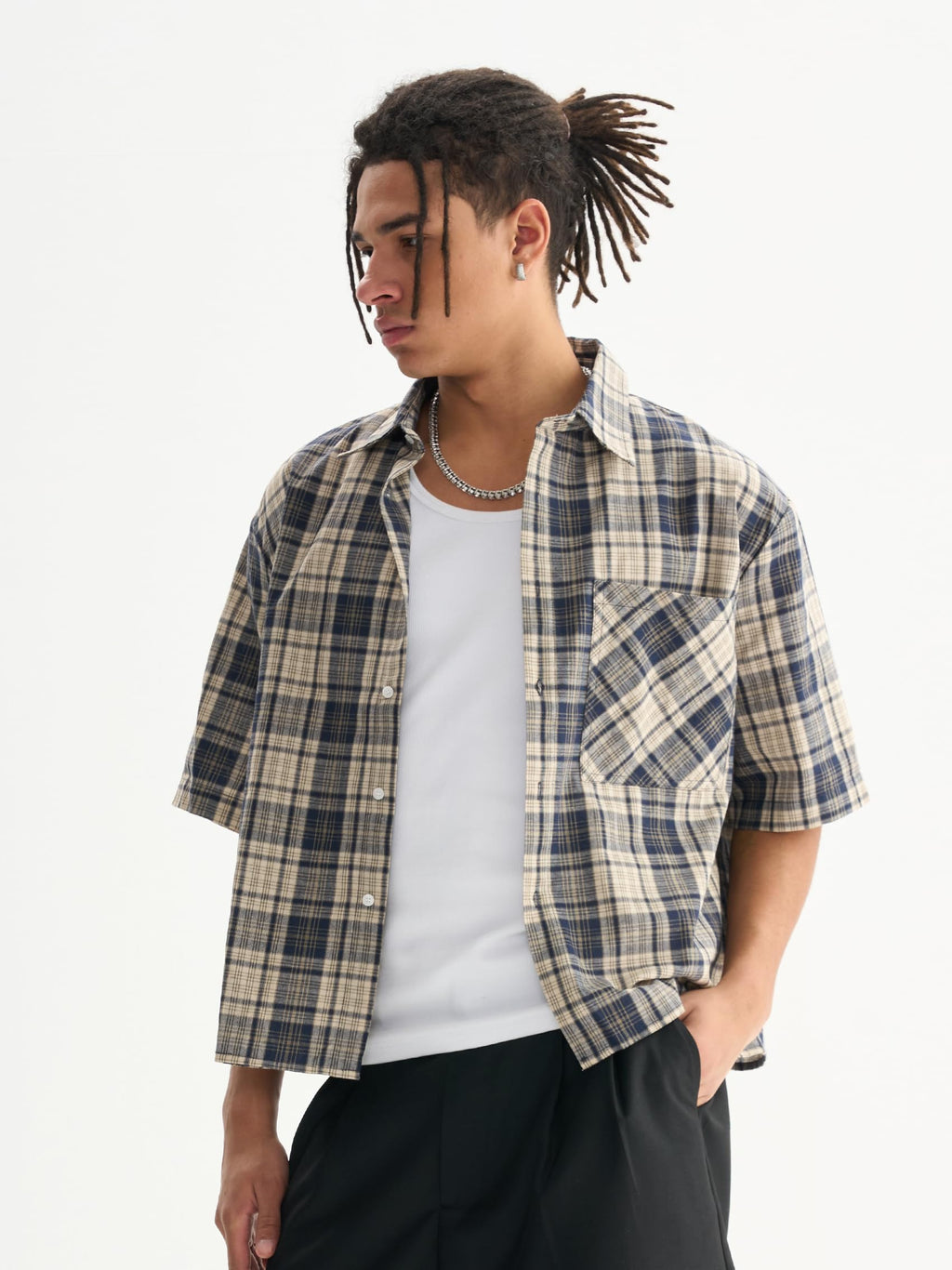 Comfy Quality Boxy Fit Cropped Check Men's T-Shirts Streetwear Short Sleeve Button Down Tops Shirts for Man (US, Alpha, Large, Regular, Regular, Blue)