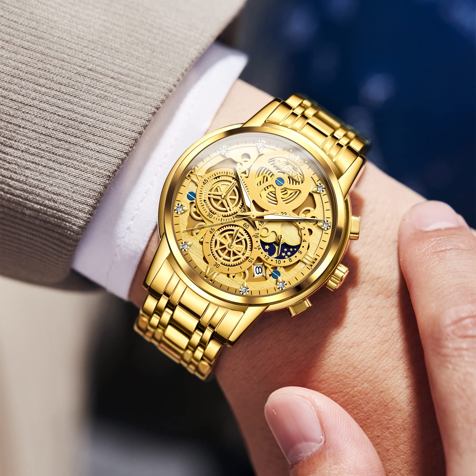 OLEVS Gold Watches for Men Stainless Steel Luxury Diamond Watch Chronograph Multifunction Business Mens Gold Watch with Date Mens Classic Dress Casual Watches Waterproof Sport reloj de hombre Gift for Men