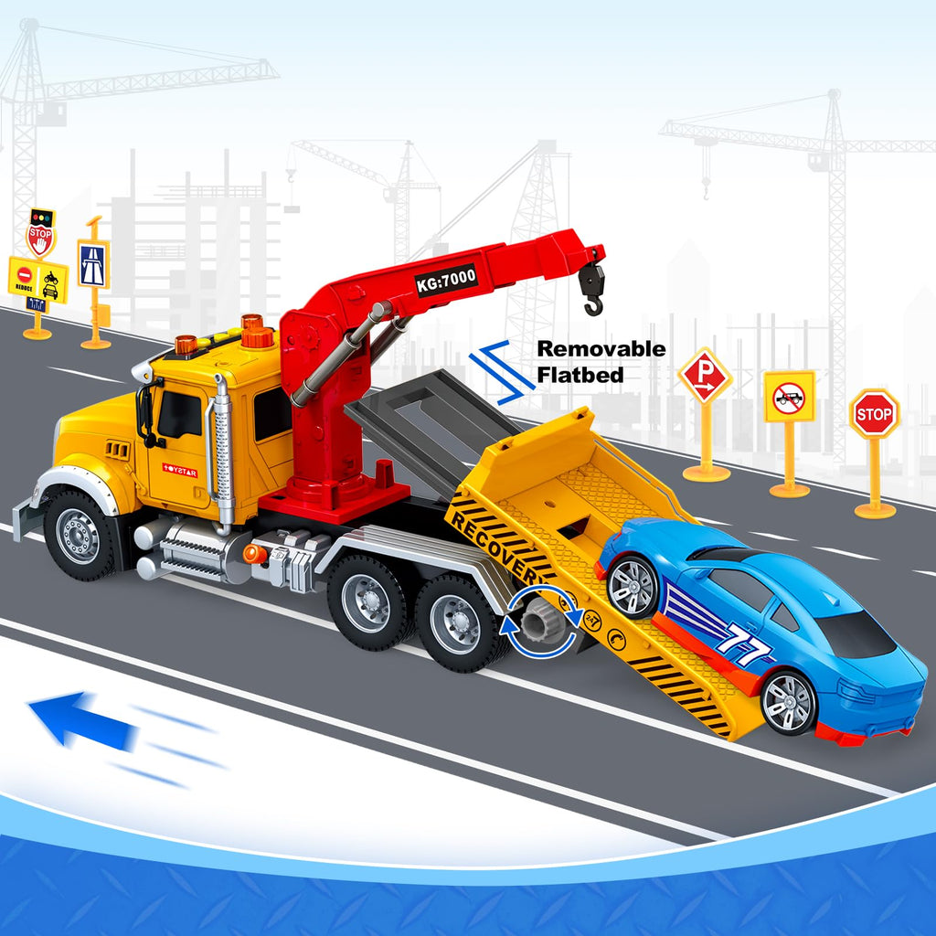 Kids Toys for 3 4 5 6 7 Years Old Boys, 15" Large Tow Truck Toy, Friction Powered Transport Truck Crane Vehicle Toy with Lights and Sounds, Racing Car, Traffic Signs, Birthday Gifts for Boys Girls