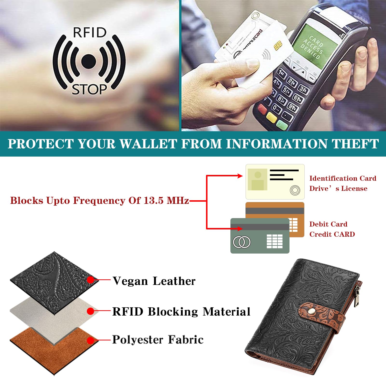 GOIACII Women's Wallet RFID Blocking Trifold Ladies Travel Wallet Purse with Coin Zipper Pocket Black & Brown