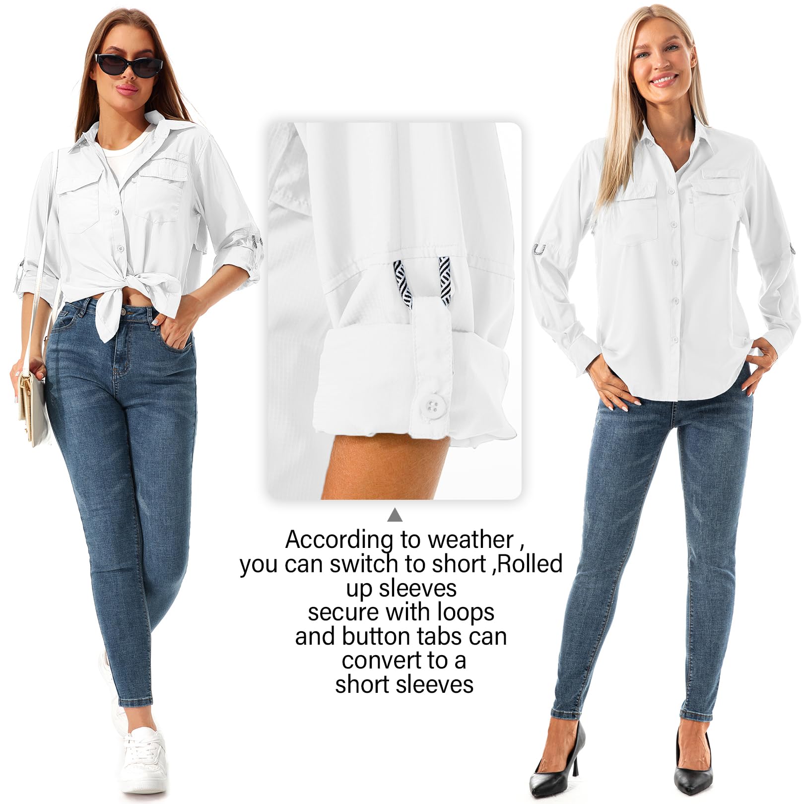 Womens Safari Shirts Long Sleeve Outdoor Sun Protection Quick Dry Fishing Hiking Shirts (5026 White XXL)