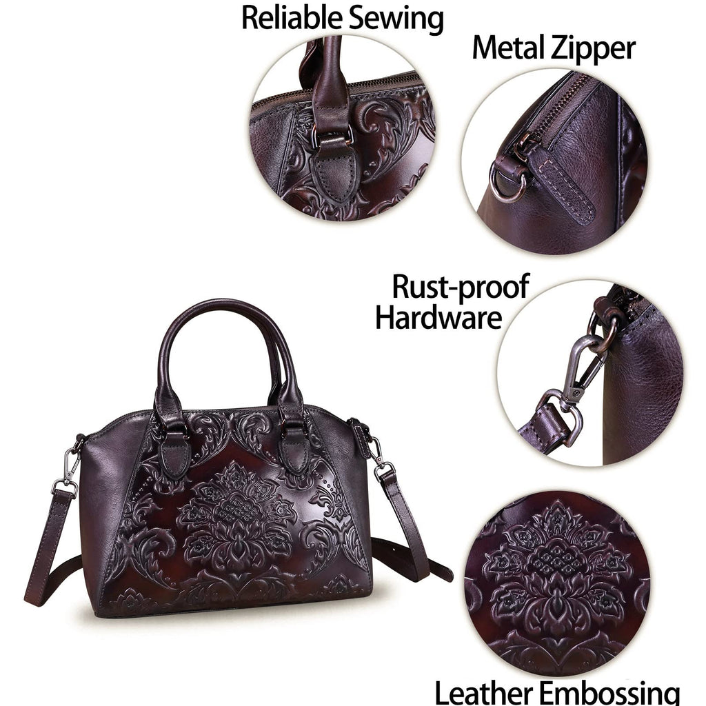 Genuine Leather Satchel for Women Top Handle Bags Handmade Purse Vintage Embossed Leather Crossbody Handbags Hobo Bag (Coffee)