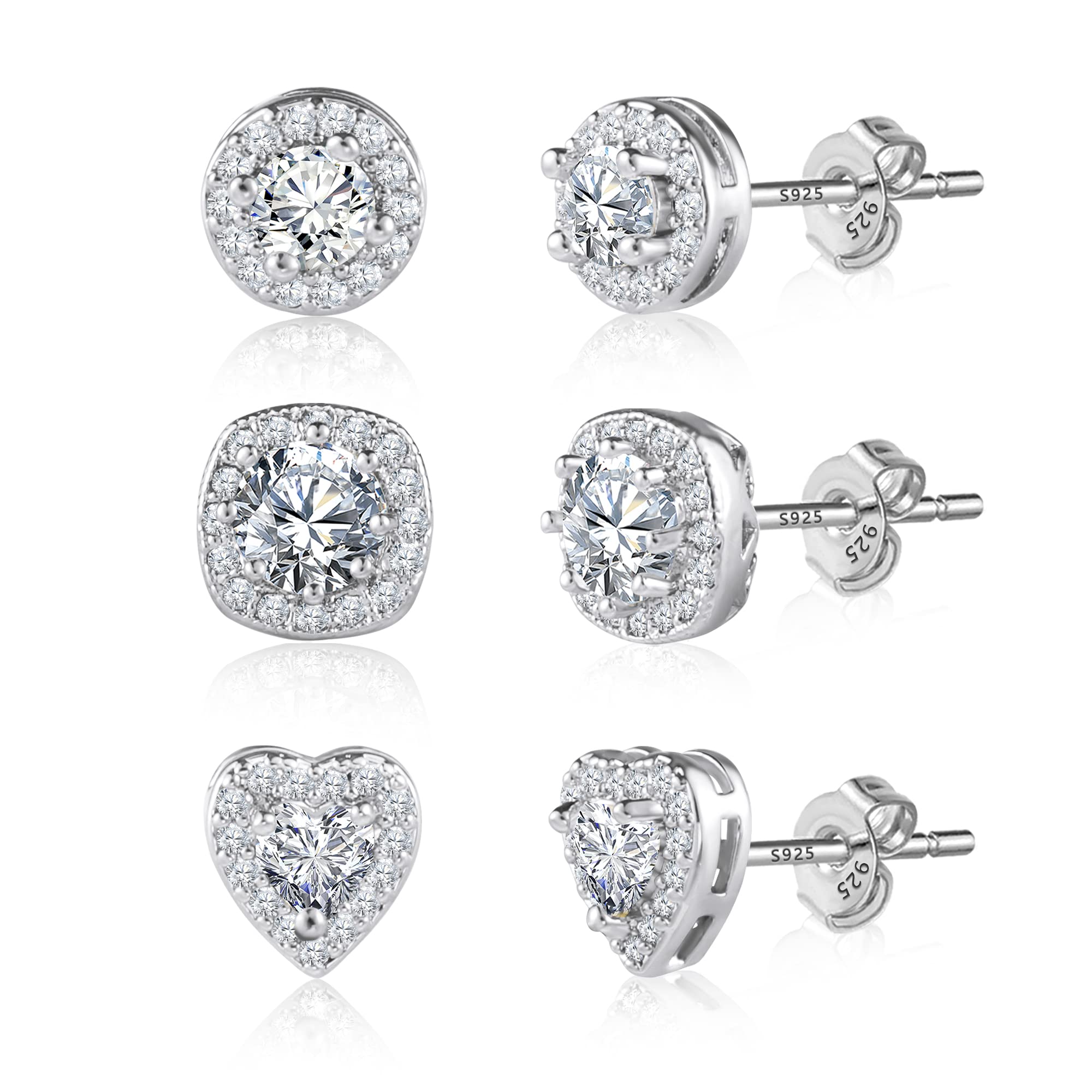 ALEXCRAFT Sterling Silver Halo Stud Earrings for Women Cubic Zirconia Round Heart Square Diamond Large Silver Studs Set Earring for Men 3 Pairs