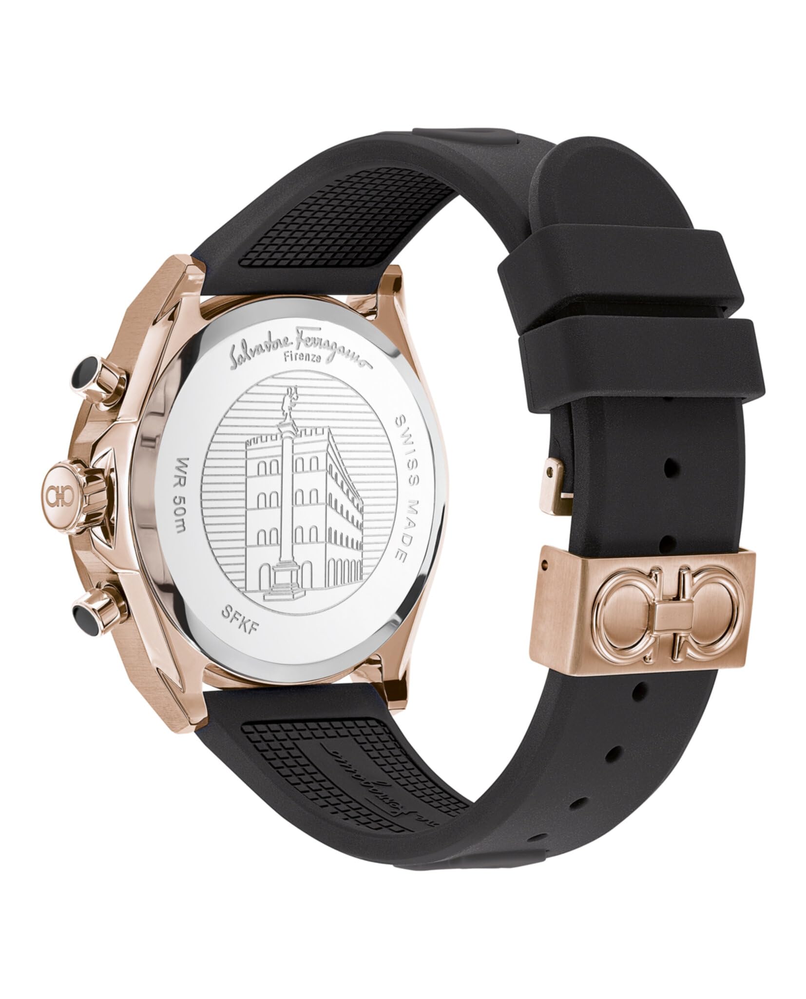 Ferragamo Urban Chrono Collection Luxury Mens Watch Timepieces with a Black Strap and Dial Featuring a Rose Gold Case