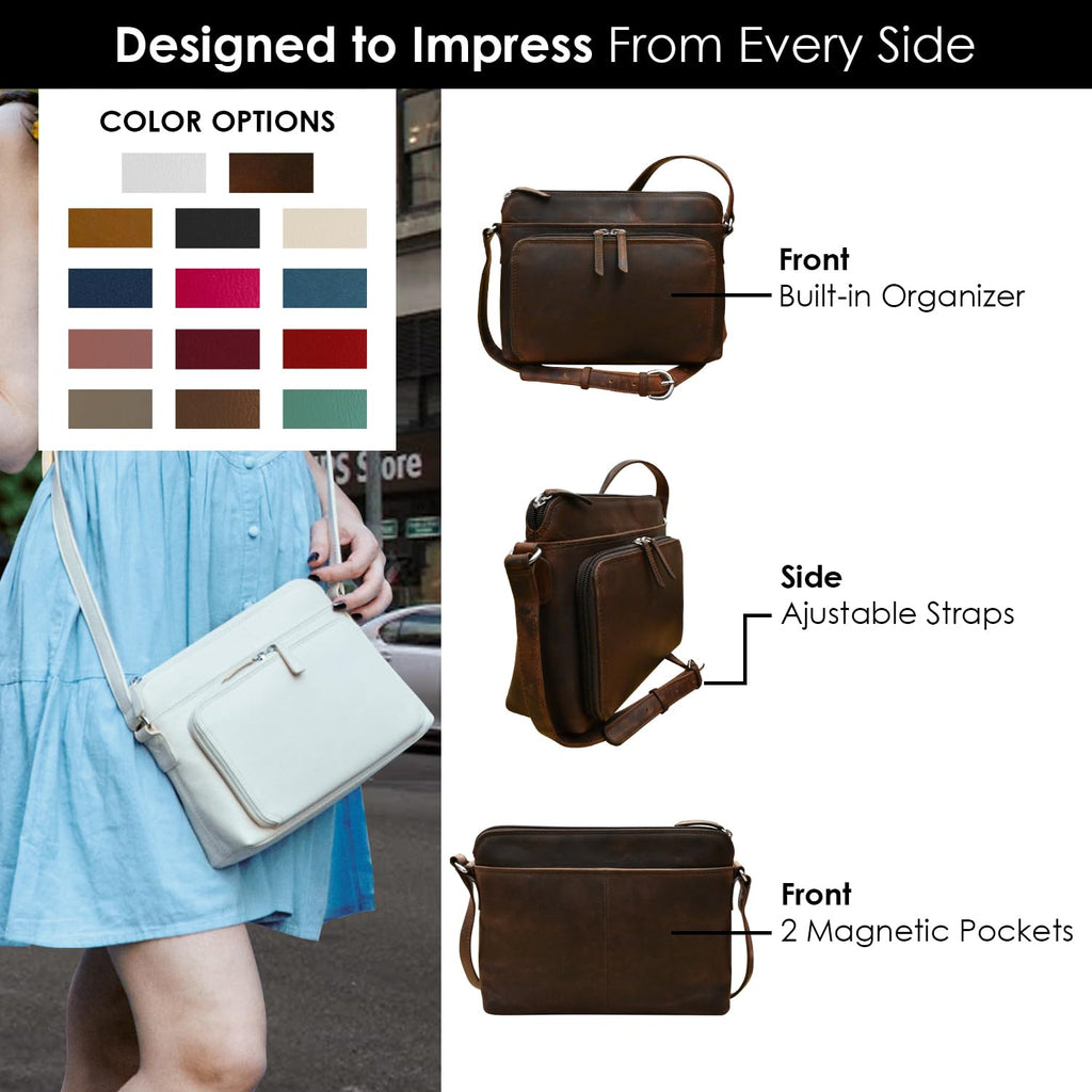 ili New York Genuine Soft Leather Crossbody Bags for Women, RFID-Blocking Shoulder Purses for Women with Built-in Wallet & Compartments, Chocolate