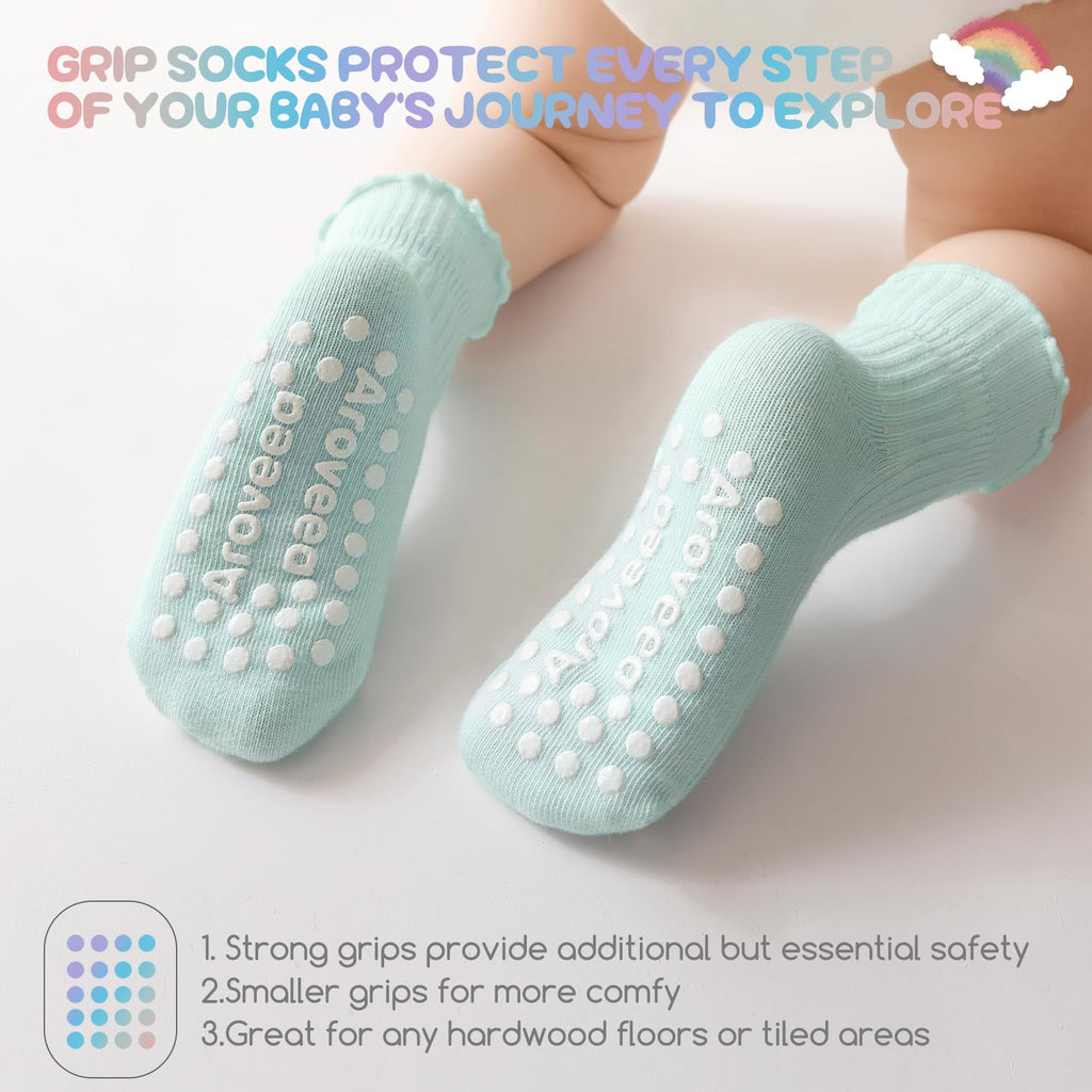 Aroveea Baby Toddler Girls Socks Grip Ruffle Non Slip Girls Cotton 12 Pack Socks for 1-3T Kids Cute Ankle 6M-7Years