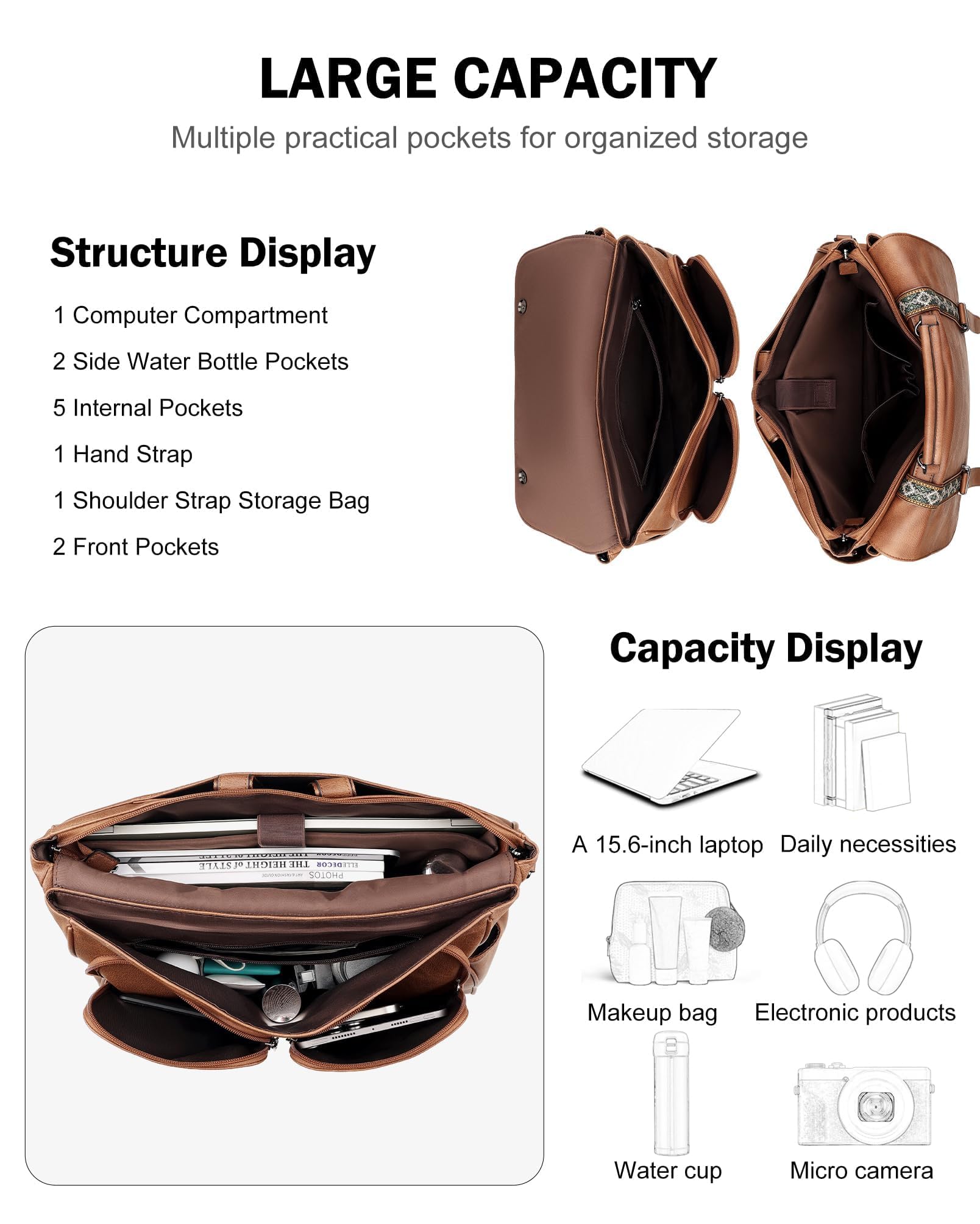FADEON Messenger Bag for Women, Designer Leather Satchel Backpack Purses Large Laptop Briefcase Multi Pocket Shoulder Bags