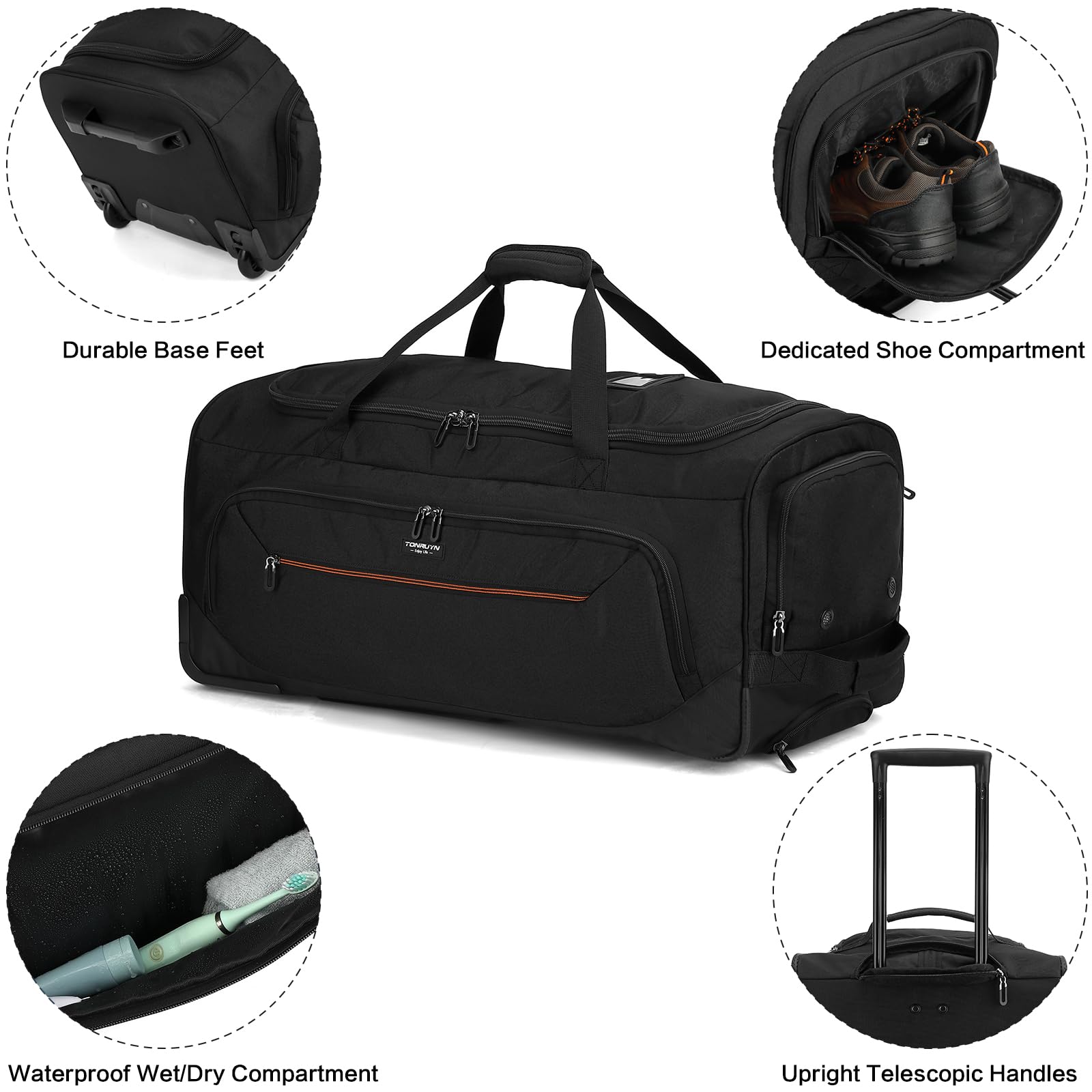 TONRUYN Large Rolling Duffle Bag with Wheels and Handle 85L 29 inch Travel Duffel Bag for Men Women with Shoe Compartment & Wet Pocket, 2 Wheeled Checked Luggage for Business Travel Long Trips, Black