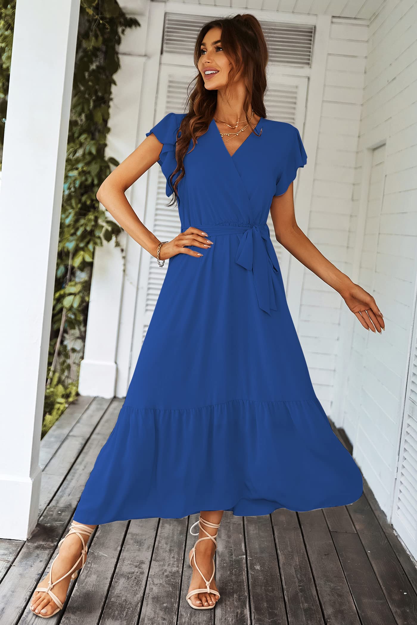 PRETTYGARDEN Women's Summer Floral Boho Dress Wrap V Neck Short Sleeve Ruffle A-Line Flowy Maxi Wedding Guest Dresses (Solid Dark Blue,Large)