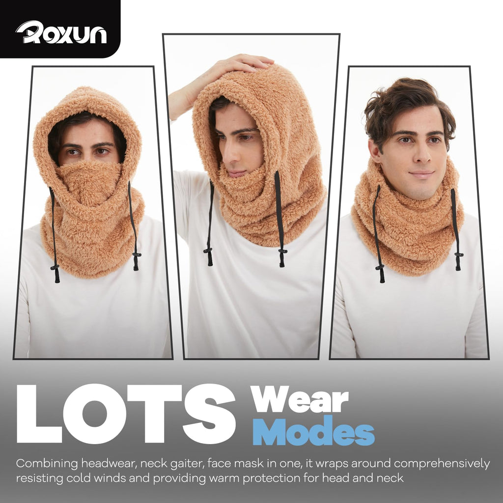 ROXUN Ski Mask Fleece Balaclava, Windproof Face Mask Winter Warm Neck Cover Hat Hood for Men Women Black