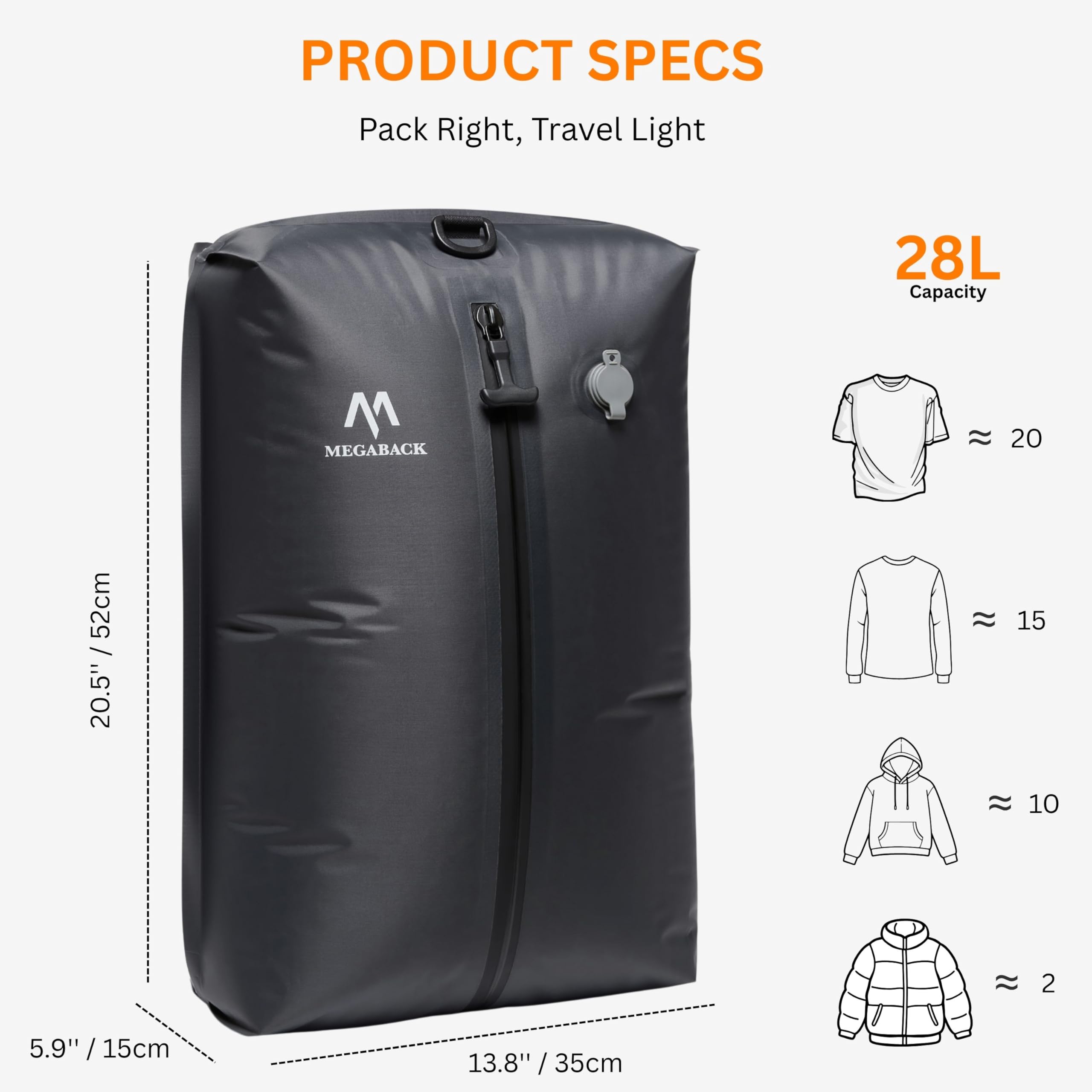Megaback Vacuum Bags for Travel, IP67 Reusable Vacuum Seal Bags for Clothing with Electric Pump, Vacuum Seal Packing cube for Suitcases, Backpack & Travel (2PC+Pump)