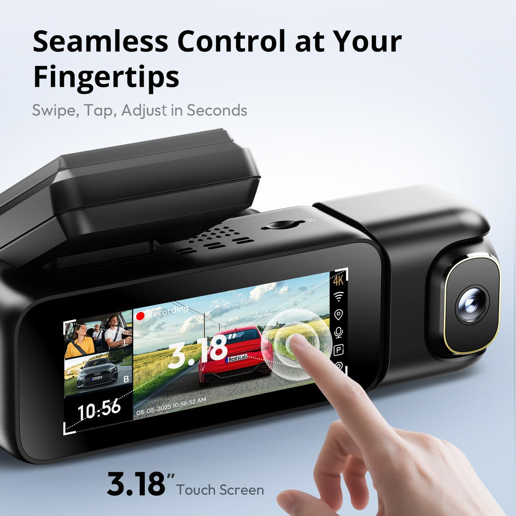 BOTSLAB 3 Channel Dash Cam 4K with 128GB Card, 3.18" Touch Screen, Voice Control, 4K Dash Cam Front and Rear Inside Loop Recording, 5.8GHz WiFi, GPS, Night Vision, WDR, Parking Mode