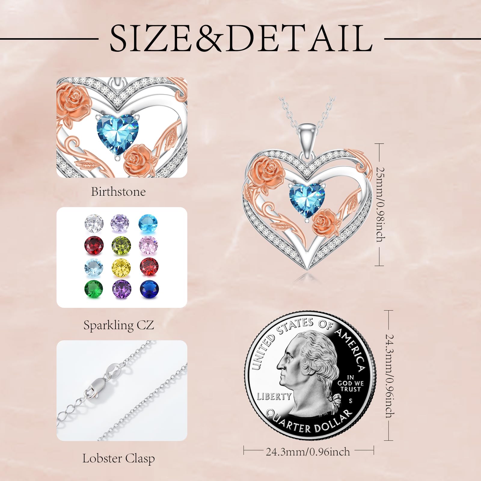OKROKTOT Blue Topaz Necklace for Women Heart December Birthstone Pendant Rose Heart Jewelry Birthday Anniversary Christmas Mother's Day Jewelry Gift for Mom Wife Sister Daughter Girlfriend