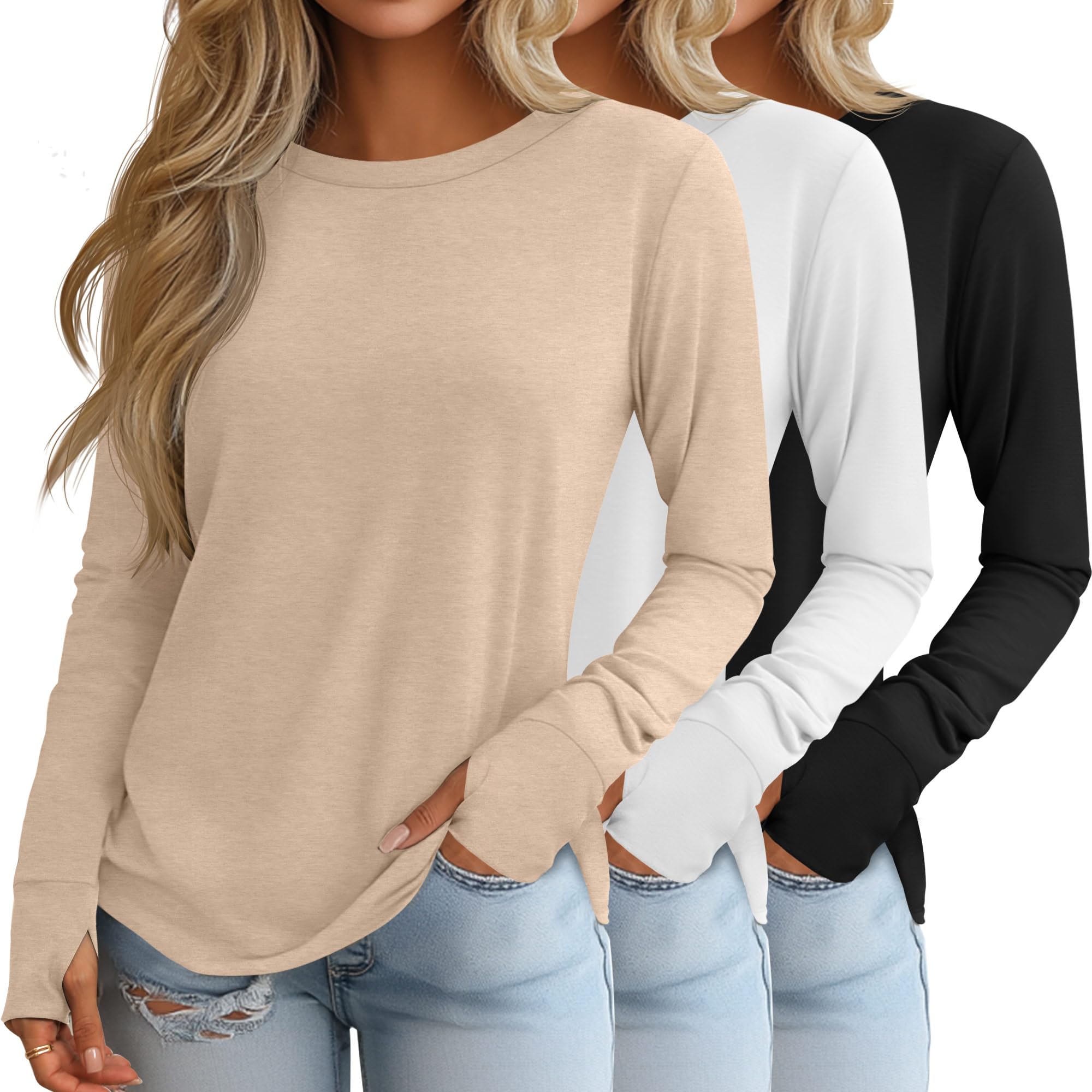 Huukeay 3 Pack Womens Long Sleeve Cotton Shirts, 3-Color, Medium