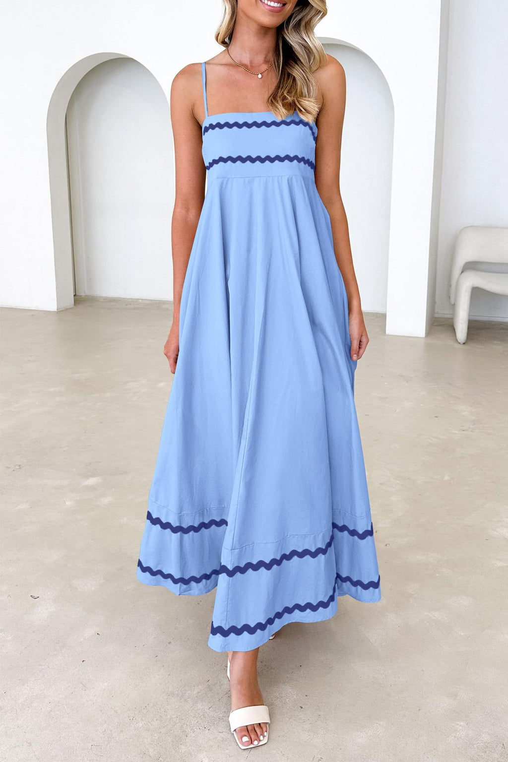 PRETTYGARDEN Women's 2025 Summer Flowy Maxi Dress Casual Sleeveless Spaghetti Strap Ruffle Beach Long Dresses (Light Blue,Large)
