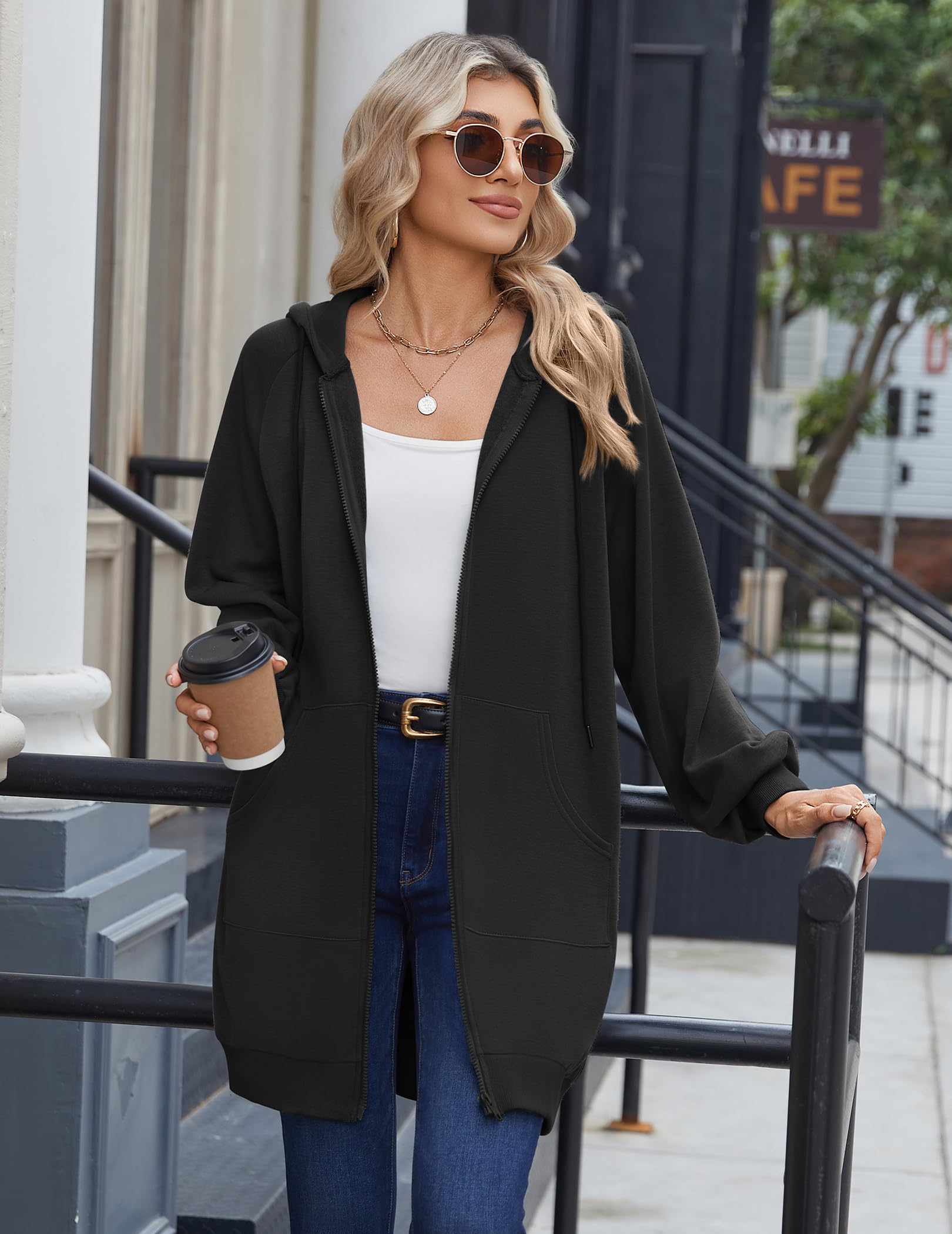 Zeagoo Women's Zip Up Hoodies Long Tunic Sweatshirts Long Sleeve Oversized Fleece Casual 2026 Fall Jacket Coat with Pocket Black XXL