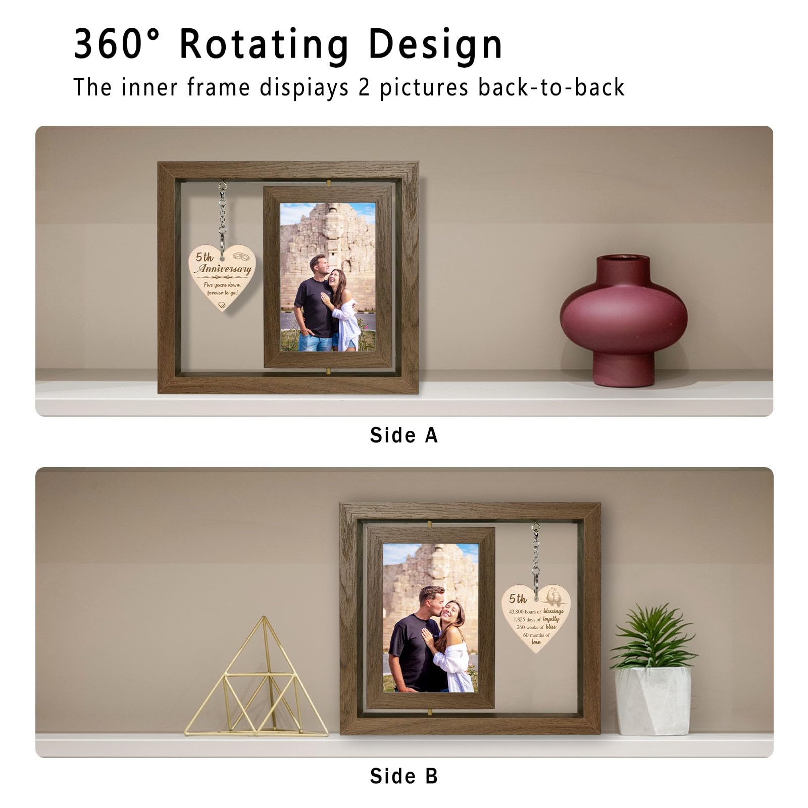 EYITUPC 5 Year Anniversary Picture Frame Gifts for Girlfriend Boyfriend Her Him, Wood 5th Wedding Anniversary Photo Frame for Wife Men Husband, Display 2 4x6 Inch