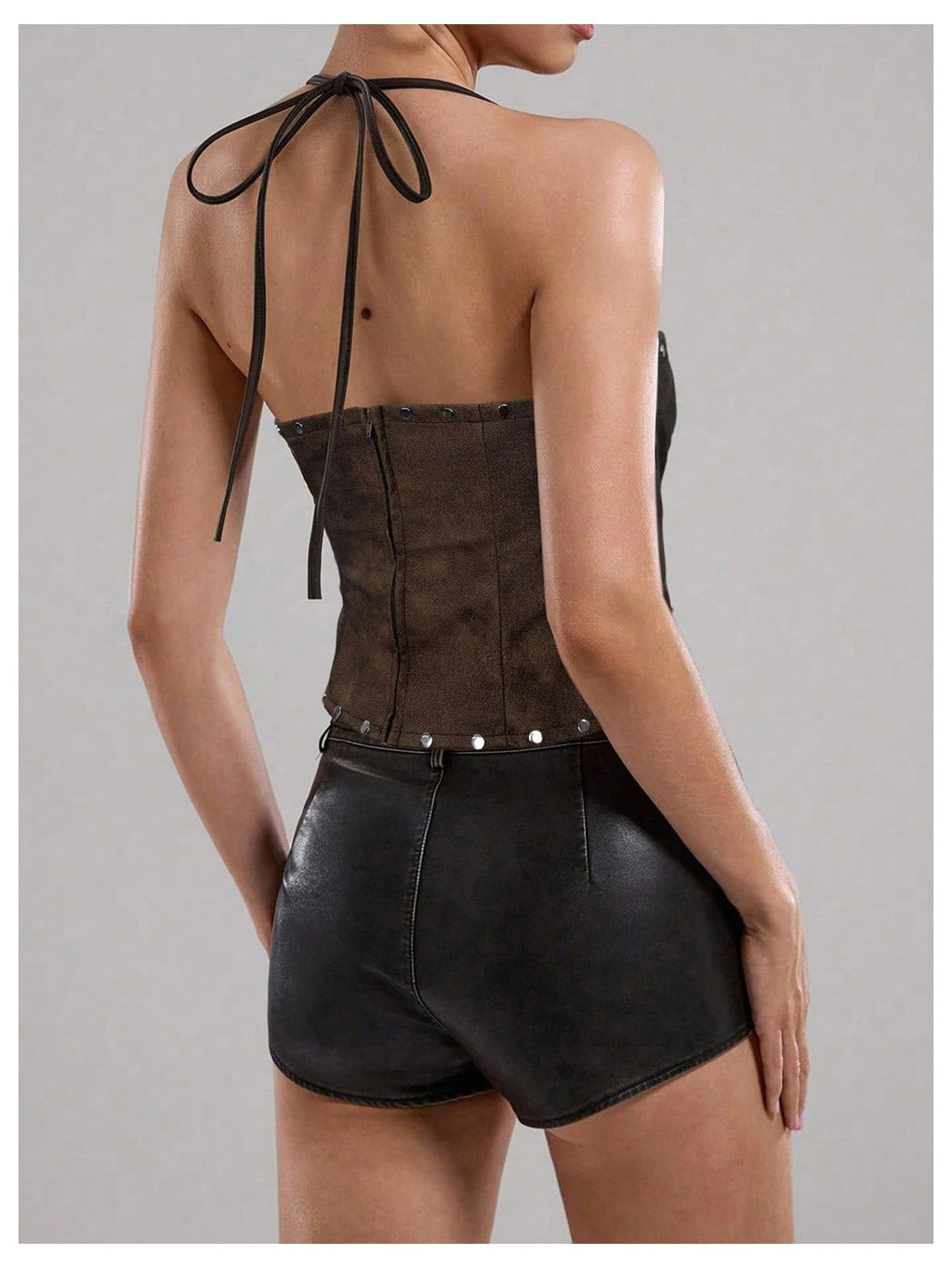 WDIRARA Women's PU Leather Lace Up Halter Top Vintage Western Sleeveless Backless Camisole Tops Dark Brown Small