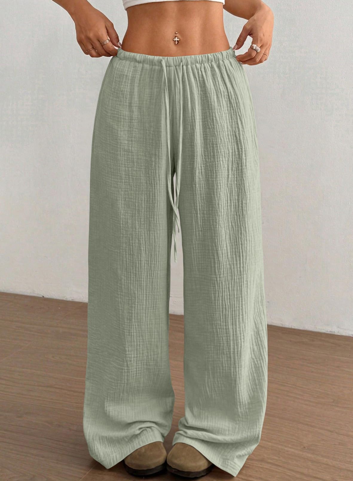 Acelitt Women’s Wide Leg Palazzo Pants Drawstring Elastic Waist Casual Loose Lounge Pants Beach Trousers Teacher Outfits for Women Green Small