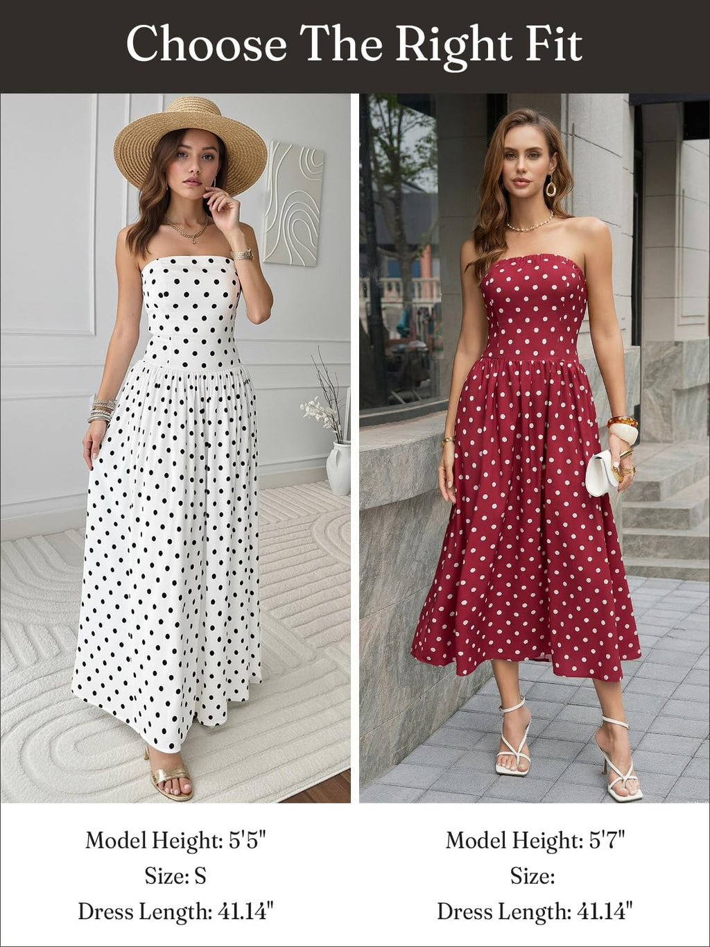 Wenrine Womens Polka Dot Strapless Dress Summer Smocked Tube Top Casual Sleeveless Swing Flowy Maxi Dresses with Pockets