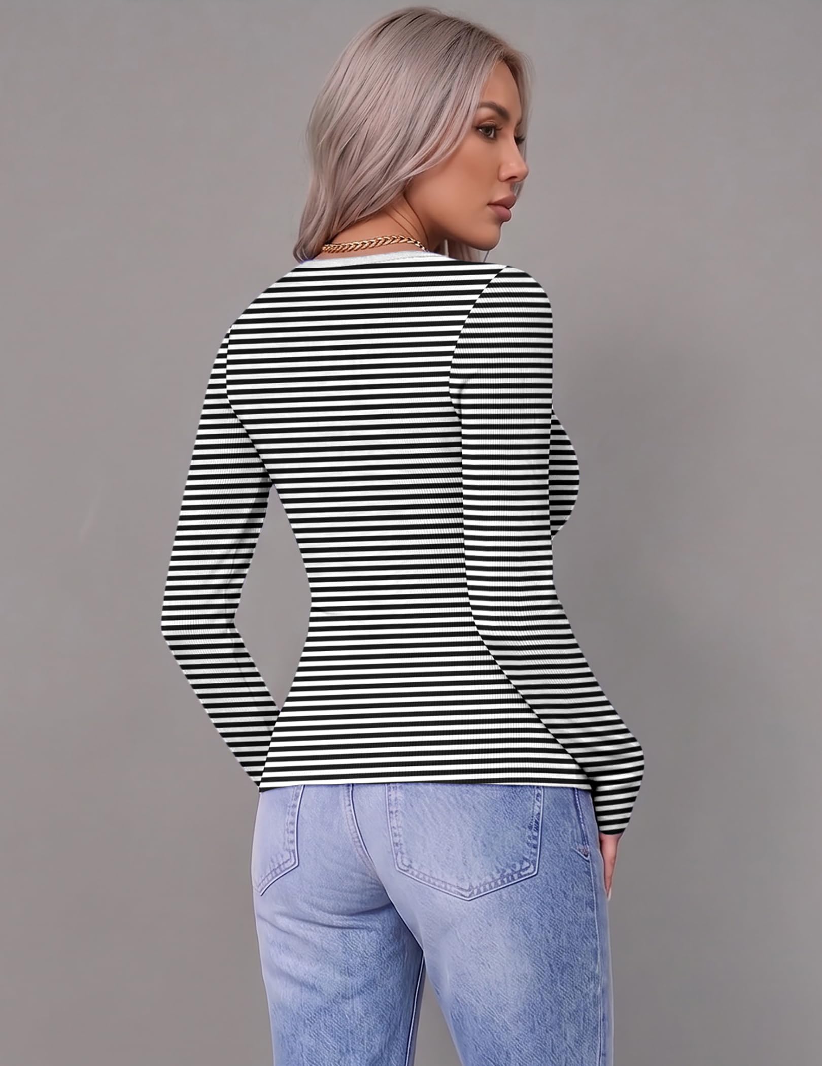 Zeagoo Womens Tops Long Sleeve Basic Tee Ribbed Tshirt Striped Shirt