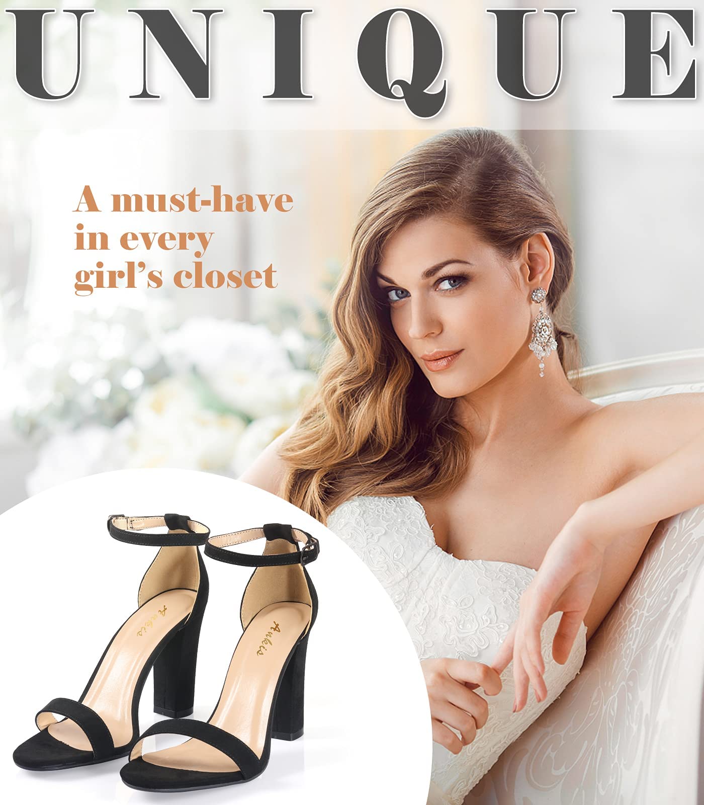 Ankis Black Heels for Women - Open Toe Ankle Strap Chunky High Heel Pump Sandals Party Wedding Strappy Buckle Sandals Standard Size 4 Inches Tall Thick Heel Design