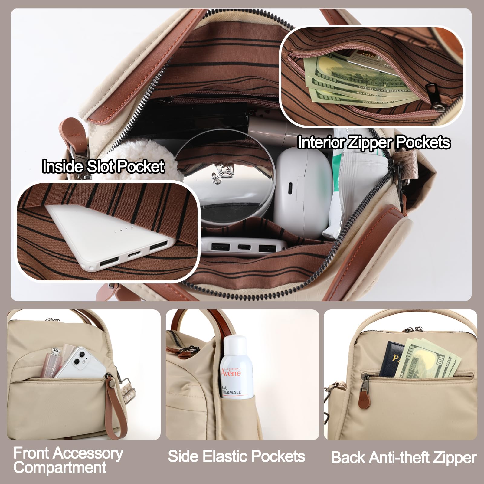 Nylon Crossbody Bags for Women, Water-Resistant Lightweight Shoulder bag with Large Capacity & Organized Design, Top Handle Bag with 2 Interchangeable Adjustable Shoulder Straps(Khaki)