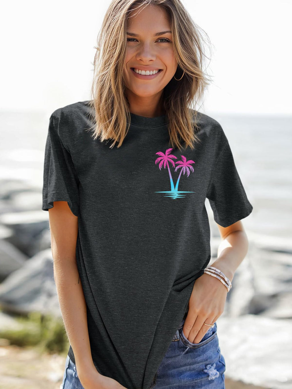 OCURHU Beach Shirts for Women Retro Sunset Palm Tree Graphic Tee Loose Casual Summer Beach Party Blouse Dark Grey XL
