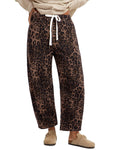 GRAPENT Baggy Jeans for Woman Womens Elastic Waist Jeans Leopard Barrel Womens Cropped Pants Pull on Pants Barrel Ladies Brown Leopard Size X-Large US 16 to 18