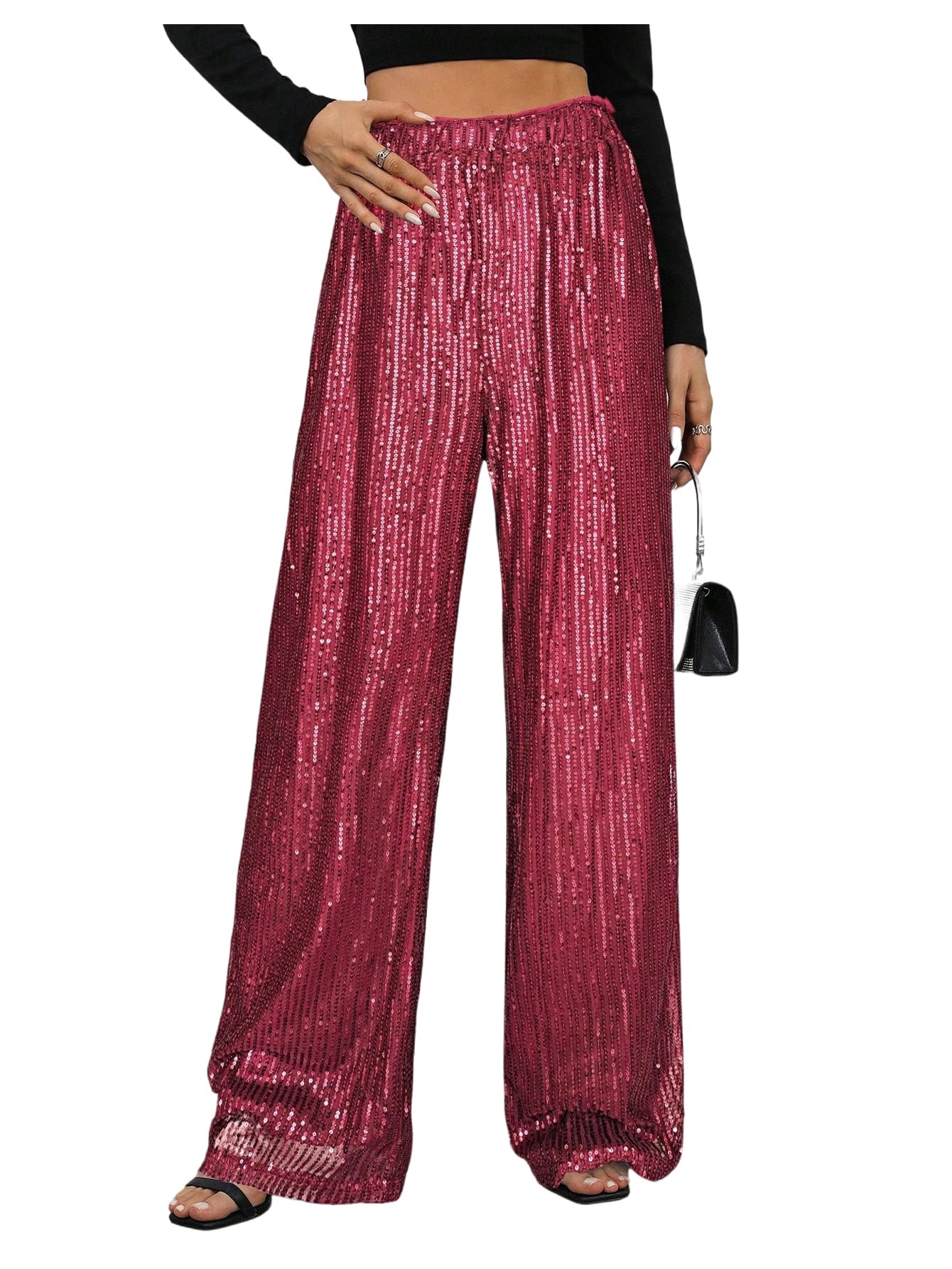 WDIRARA Women's Sequin Sparkle Pants Elastic Waist Wide Leg Party Club Trousers Burgundy Small