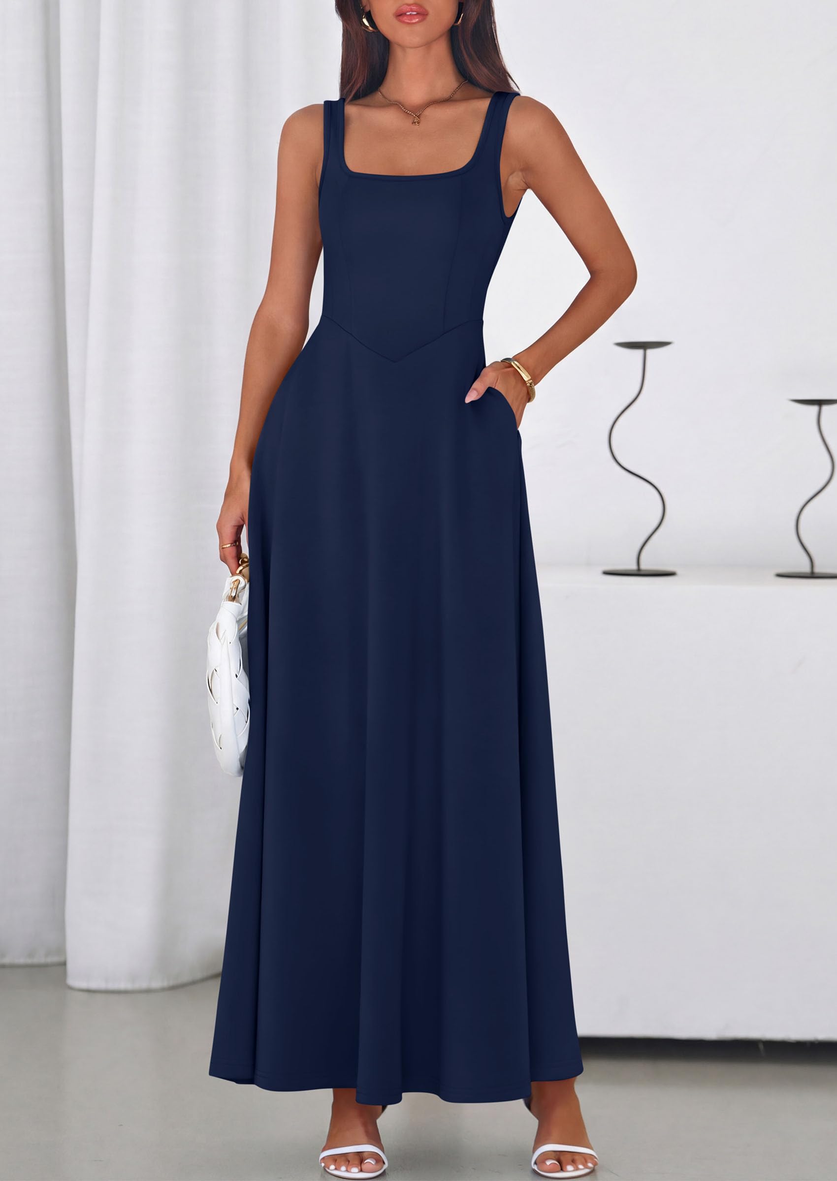 PRETTYGARDEN Womens Summer Dresses 2026 Sleeveless Elegant Square Neck Aline Swing Maxi Beach Wedding Guest Dress Pockets (Navy,Medium)
