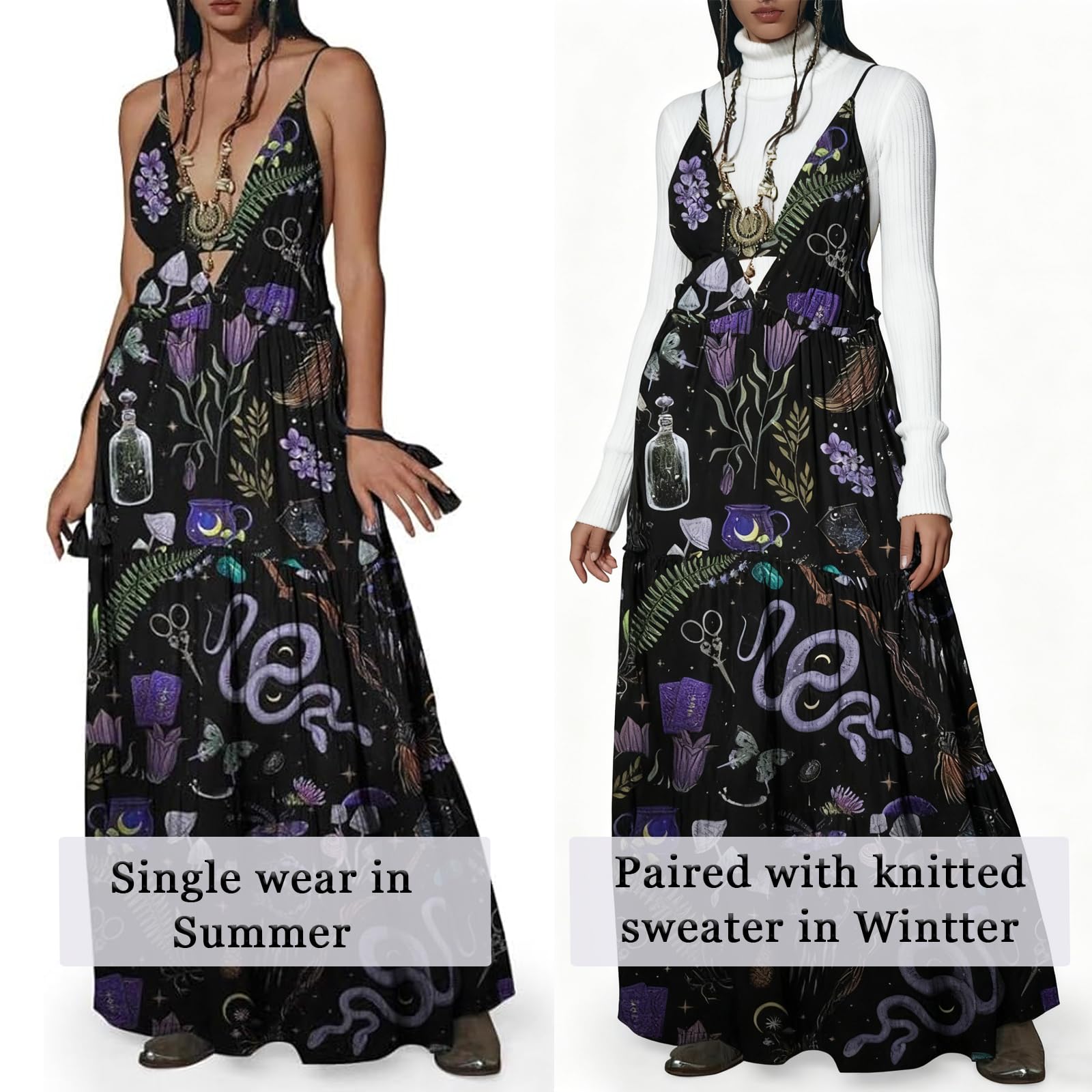CORAMOON Womens Summer Sun Dresses Mystical Gothic Maxi Dress Casual Floral Witch Dress Date Dress Halloween Outfits (US, Alpha, X-Large, Regular, Regular, Black)