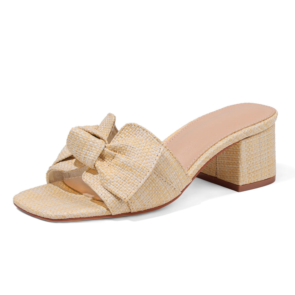 Erocalli Sandal Heels Open Toe Heeled Sandals Summer Chunky Heel Square Toe Low Short Heels Slip On Raffia Mules Dressy Sandal for Women 2026