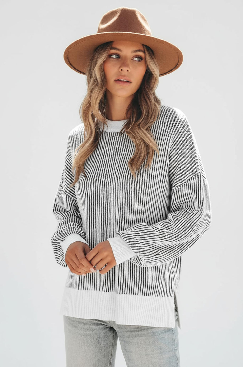 Disamer Womens Sweaters 2026 Fall Clothes Batwing Long Sleeve Striped Knit Pullover Tops Fashion Outfits Oversized Sweater,Pure Black,Large