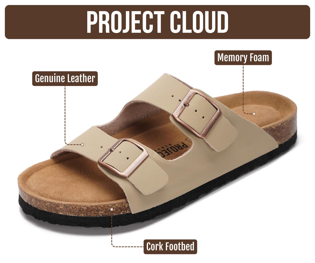 Project Cloud 100% Genuine Leather Flat Sandals For Women 2026 Cork Footbed Womens Sandals with Memory Foam and arch support Vacation Essentials Slides for Women Footwear (Venita, Beige, 5.5)