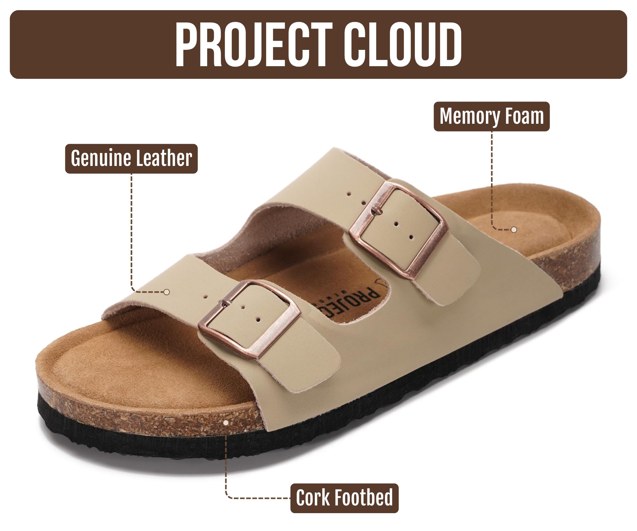 Project Cloud 100% Genuine Leather Flat Sandals For Women 2026 Cork Footbed Womens Sandals with Memory Foam and arch support Vacation Essentials Slides for Women Footwear (Venita, Beige, 5.5)