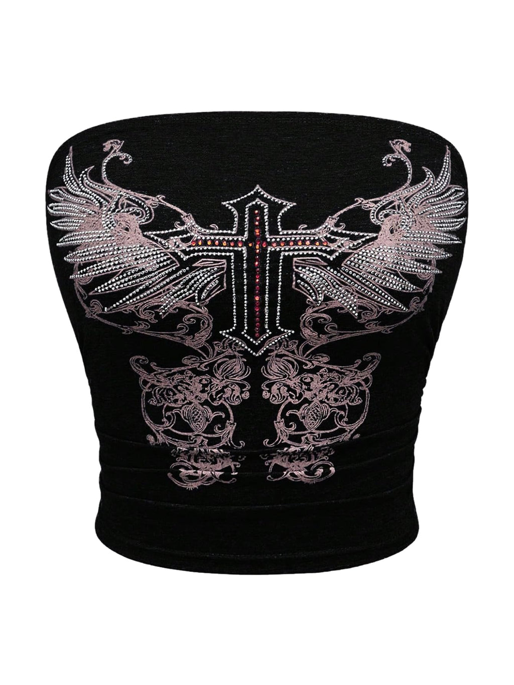 WDIRARA Women's Gothic Graphic Rhinestone Tube Top Strapless Grunge Punk Bandeau Crop Tops Black XX-Large