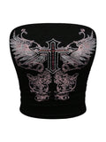 WDIRARA Women's Gothic Graphic Rhinestone Tube Top Strapless Grunge Punk Bandeau Crop Tops Black XX-Large
