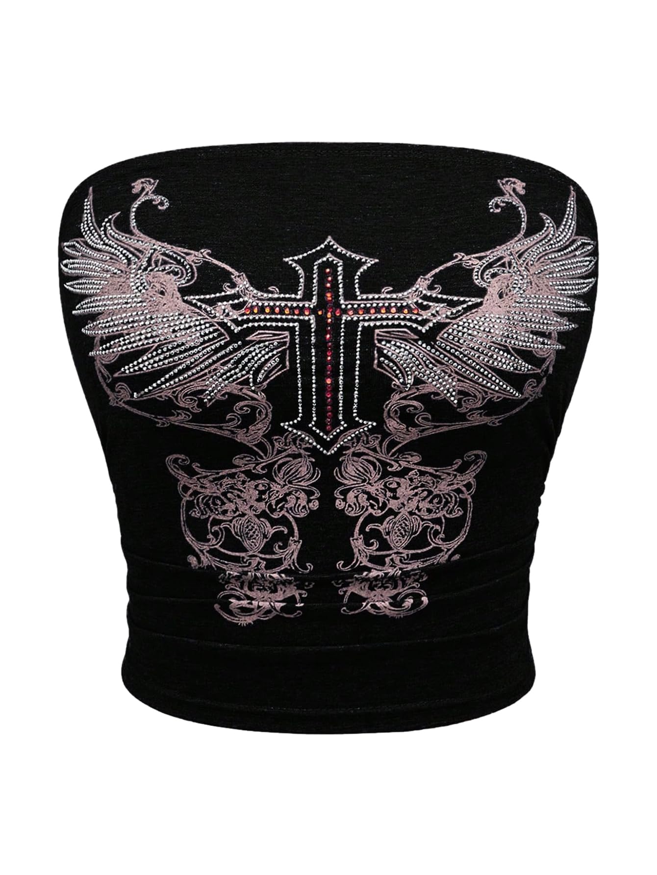 WDIRARA Women's Gothic Graphic Rhinestone Tube Top Strapless Grunge Punk Bandeau Crop Tops Black XX-Large